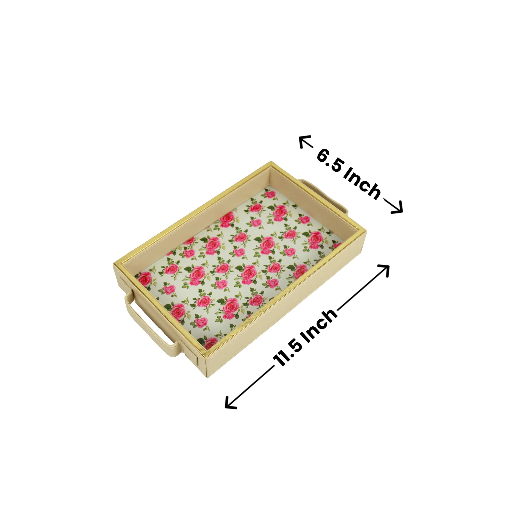 Rose Printed Glass and Leatherite Serving Tray